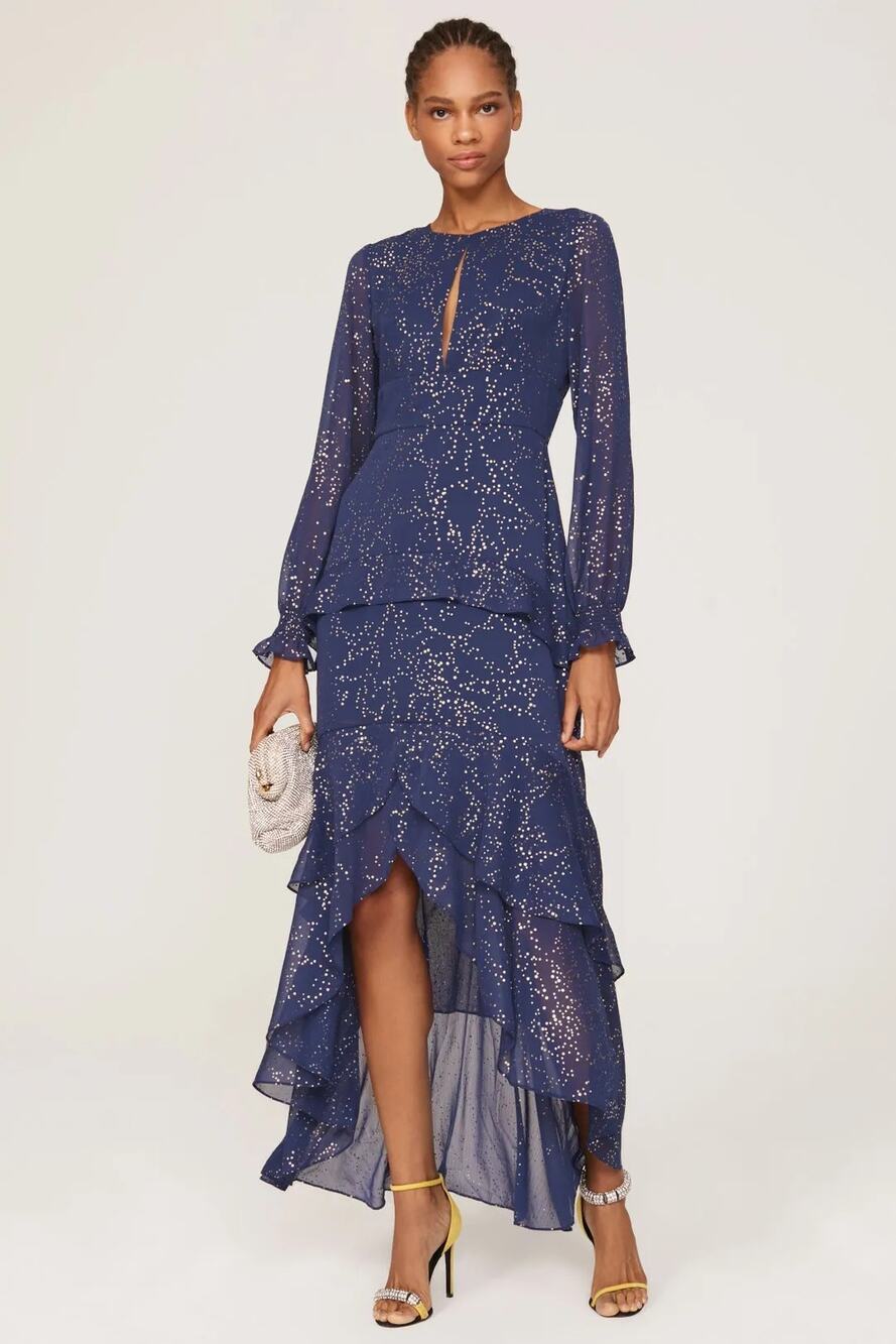 Hutch Molly Gown Long Sleeve Ruffle Tiered Hi Lo Dress Silver Polka Dot Blue 10